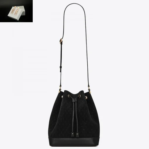 Replica YSL Fake Saint Laurent Monogram All Over Bucket Bag In Black Suede