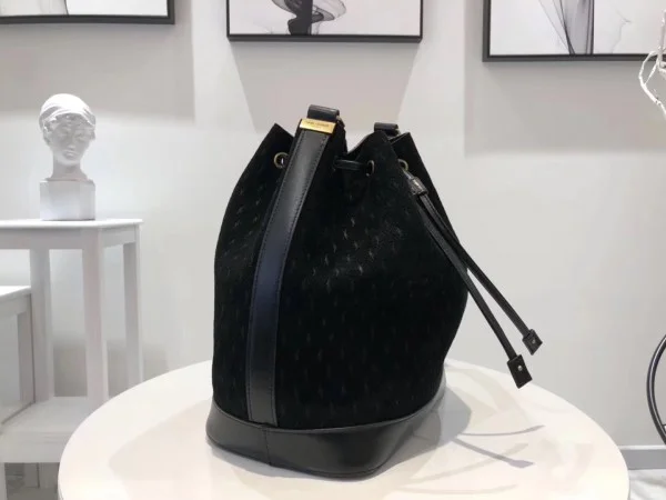 Replica YSL Fake Saint Laurent Monogram All Over Bucket Bag In Black Suede 2