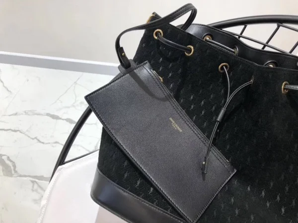 Replica YSL Fake Saint Laurent Monogram All Over Bucket Bag In Black Suede 6