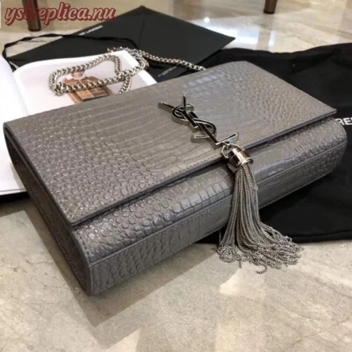 Replica YSL Fake Saint Laurent Medium Kate Bag With Tassel In Storm Croc-Embossed Leather 2