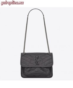 Replica YSL Fake Saint Laurent Baby Niki Chain Bag In Storm Gray Crinkled Leather