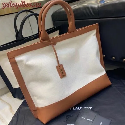 Replica YSL Fake Saint Laurent Tag Shopping Bag In Canvas And Brown Leather 5