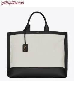 Replica YSL Fake Saint Laurent Tag Shopping Bag In Canvas And Black Leather