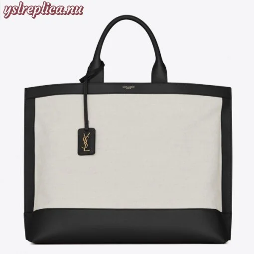 Replica YSL Fake Saint Laurent Tag Shopping Bag In Canvas And Black Leather