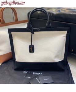 Replica YSL Fake Saint Laurent Tag Shopping Bag In Canvas And Black Leather 2