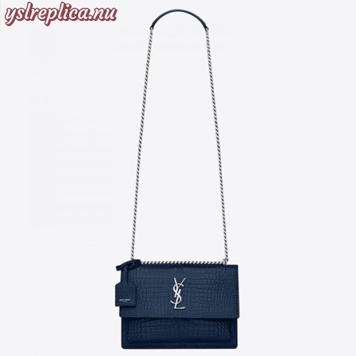 Replica YSL Fake Saint Laurent Sunset Medium Bag In Blue Crocodile Embossed Leather