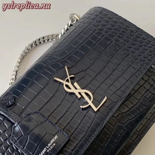 Replica YSL Fake Saint Laurent Sunset Medium Bag In Blue Crocodile Embossed Leather 8