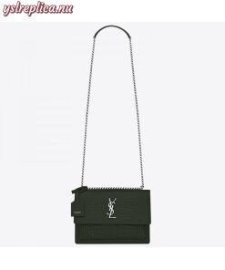 Replica YSL Fake Saint Laurent Sunset Medium Bag In Green Crocodile Embossed Leather