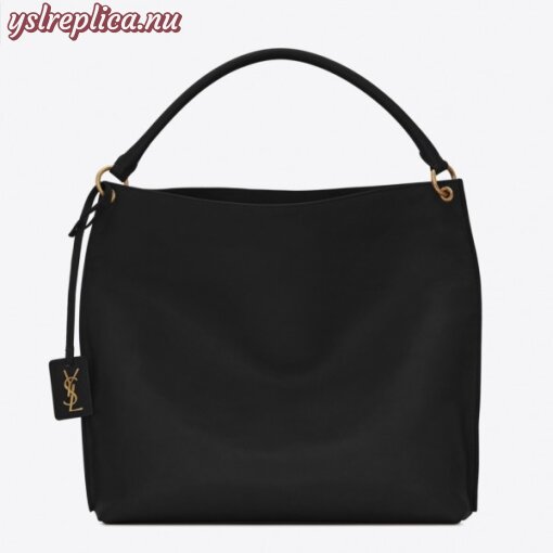 Replica YSL Fake Saint Laurent Tag Hobo Bag In Black Calfskin