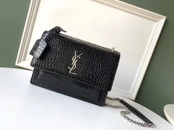 Replica YSL Fake Saint Laurent Sunset Medium Bag In Black Crocodile Embossed Leather 3