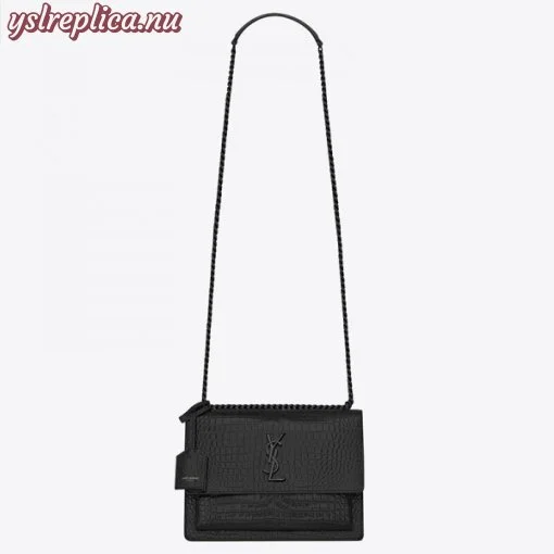 Replica YSL Fake Saint Laurent Sunset Medium Bag In Noir Crocodile Embossed Leather