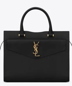 Replica YSL Fake Saint Laurent Medium Uptown Tote In Black Smooth Leather