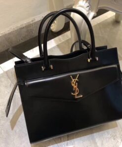 Replica YSL Fake Saint Laurent Medium Uptown Tote In Black Smooth Leather 2