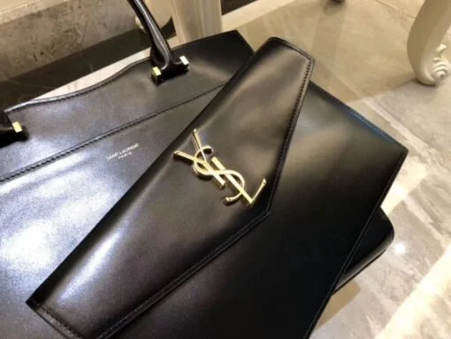 Replica YSL Fake Saint Laurent Medium Uptown Tote In Black Smooth Leather 7