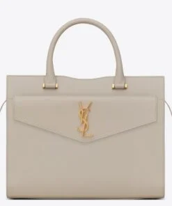 Replica YSL Fake Saint Laurent Medium Uptown Tote In Blanc Smooth Leather