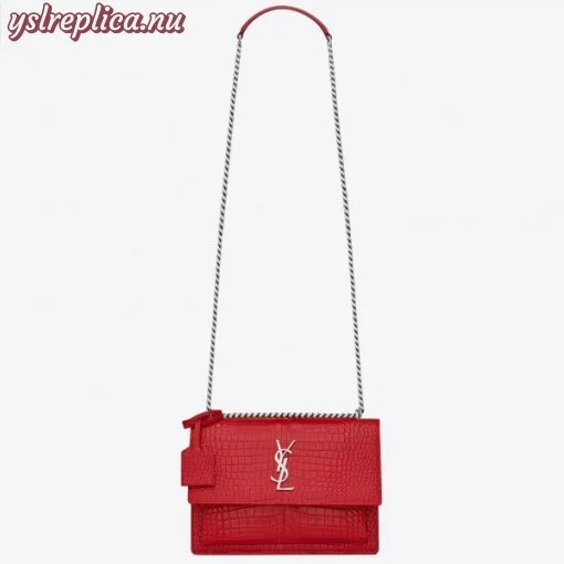 Replica YSL Fake Saint Laurent Sunset Medium Bag In Red Crocodile Embossed Leather