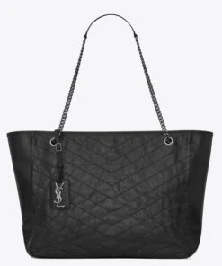 Replica YSL Fake Saint Laurent Niki Shopping Bag In Black Crinkled Calfskin