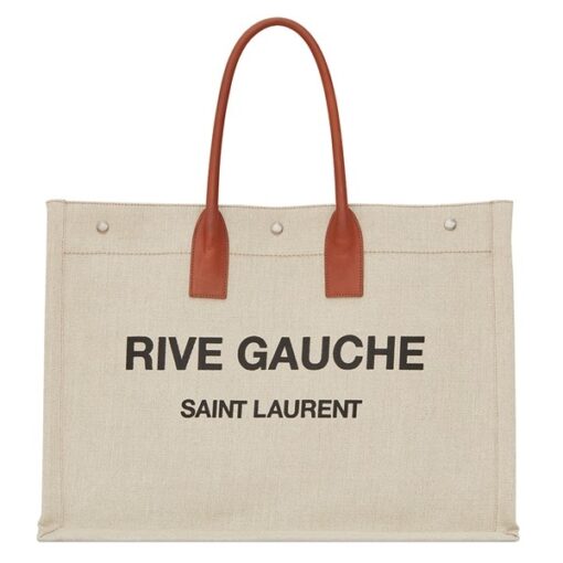 Replica YSL Fake Saint Laurent Beige Linen Rive Gauche Tote Bag