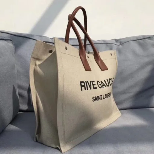 Replica YSL Fake Saint Laurent Beige Linen Rive Gauche Tote Bag 2