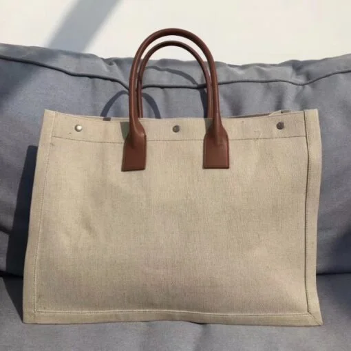 Replica YSL Fake Saint Laurent Beige Linen Rive Gauche Tote Bag 6