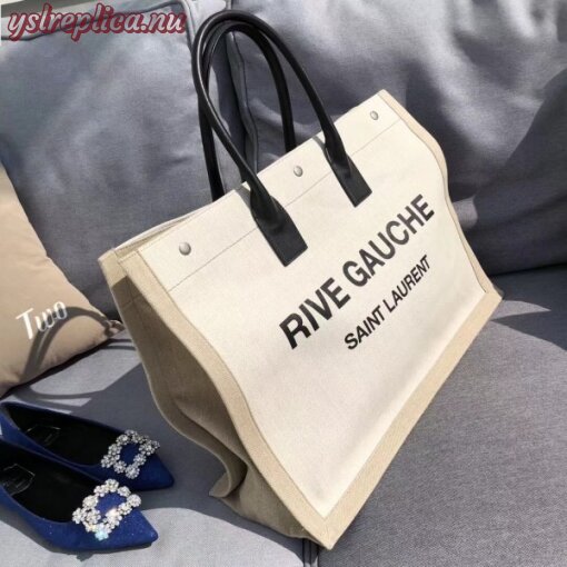 Replica YSL Fake Saint Laurent White Linen Rive Gauche Tote Bag 4