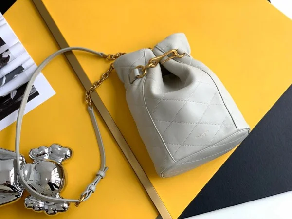 Replica YSL Fake Saint Laurent Le Maillon Hook Bucket Bag In White Lambskin 4