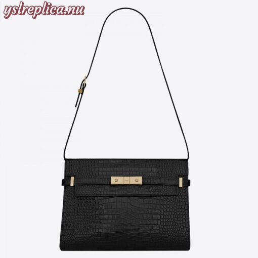 Replica YSL Fake Saint Laurent Manhattan Shoulder Bag In Black Crocodile Embossed Leather