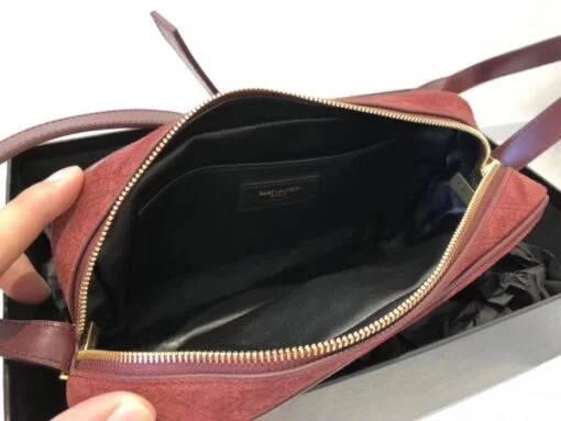 Replica YSL Fake Saint Laurent Monogram All Over Camera Bag In Bordeaux Suede 2