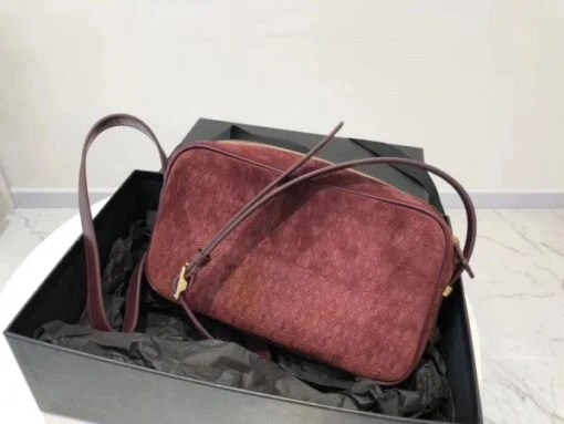 Replica YSL Fake Saint Laurent Monogram All Over Camera Bag In Bordeaux Suede 6
