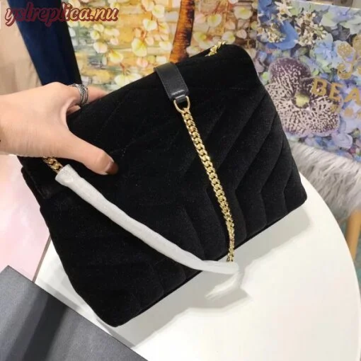 Replica YSL Fake Saint Laurent Black Velvet Small Loulou Chain Bag 3