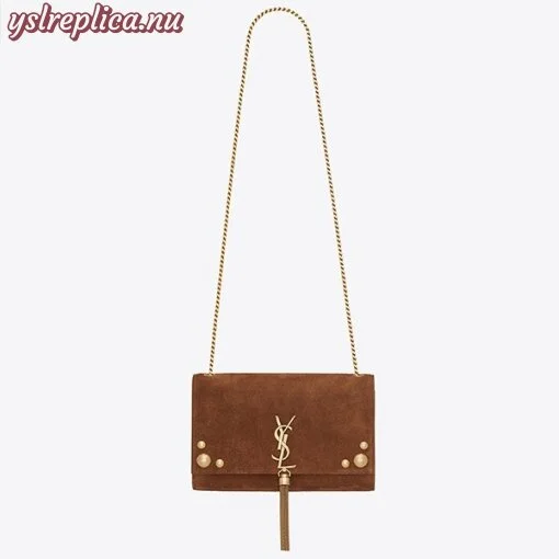 Replica YSL Fake Saint Laurent Medium Kate Tassel Bag In Brown Suede And Studs