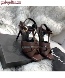 Replica YSL Fake Saint Laurent Tribute High Heel Sandals In Chocolate Calfskin 2