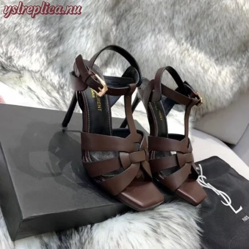 Replica YSL Fake Saint Laurent Tribute High Heel Sandals In Chocolate Calfskin 2