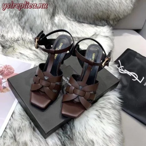 Replica YSL Fake Saint Laurent Tribute High Heel Sandals In Chocolate Calfskin 3