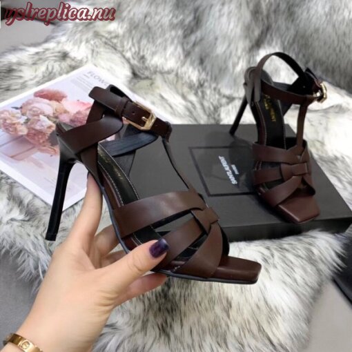 Replica YSL Fake Saint Laurent Tribute High Heel Sandals In Chocolate Calfskin 4