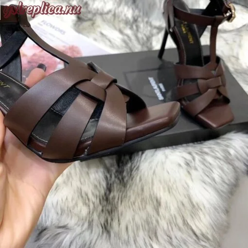 Replica YSL Fake Saint Laurent Tribute High Heel Sandals In Chocolate Calfskin 5