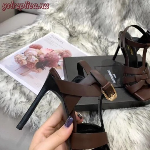 Replica YSL Fake Saint Laurent Tribute High Heel Sandals In Chocolate Calfskin 6