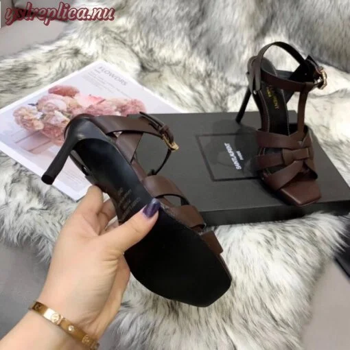 Replica YSL Fake Saint Laurent Tribute High Heel Sandals In Chocolate Calfskin 7
