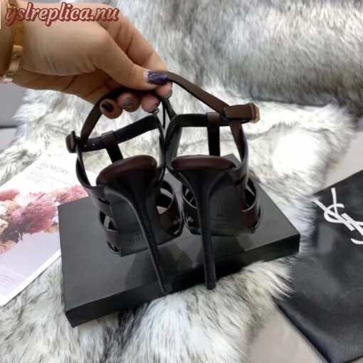 Replica YSL Fake Saint Laurent Tribute High Heel Sandals In Chocolate Calfskin 8