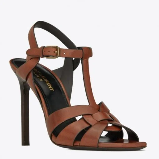 Replica YSL Fake Saint Laurent Tribute High Heel Sandals In Brown Calfskin