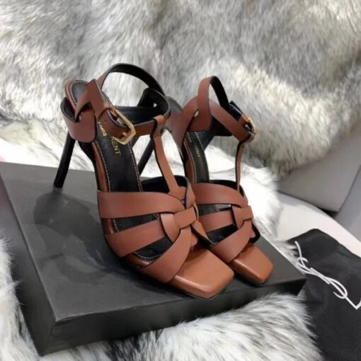 Replica YSL Fake Saint Laurent Tribute High Heel Sandals In Brown Calfskin 2