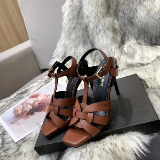 Replica YSL Fake Saint Laurent Tribute High Heel Sandals In Brown Calfskin 3