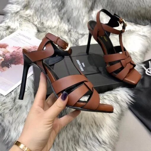 Replica YSL Fake Saint Laurent Tribute High Heel Sandals In Brown Calfskin 4