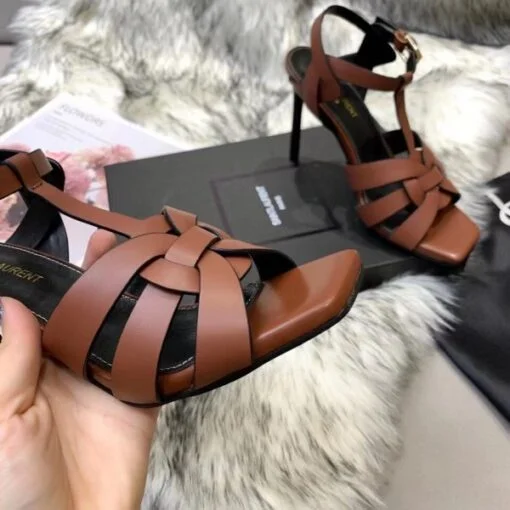 Replica YSL Fake Saint Laurent Tribute High Heel Sandals In Brown Calfskin 5