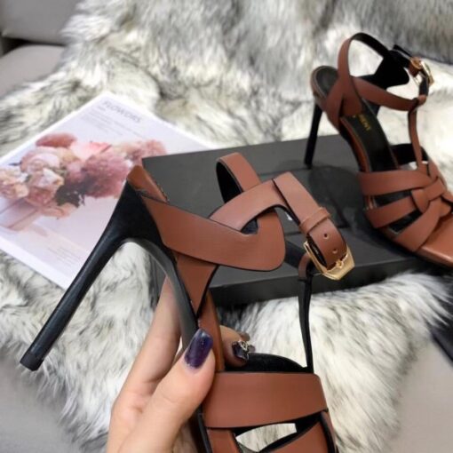 Replica YSL Fake Saint Laurent Tribute High Heel Sandals In Brown Calfskin 6