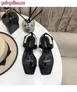 Replica YSL Fake Saint Laurent Cassandra Flat Sandals In Black Patent Leather 2