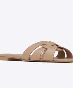 Replica YSL Fake Saint Laurent Tribute Slides In Beige Calfskin