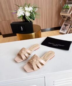 Replica YSL Fake Saint Laurent Tribute Slides In Beige Calfskin 2