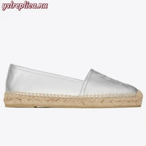 Replica YSL Fake Saint Laurent Monogram Espadrilles In Silver Metallic Lambskin