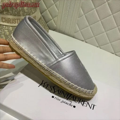 Replica YSL Fake Saint Laurent Monogram Espadrilles In Silver Metallic Lambskin 2